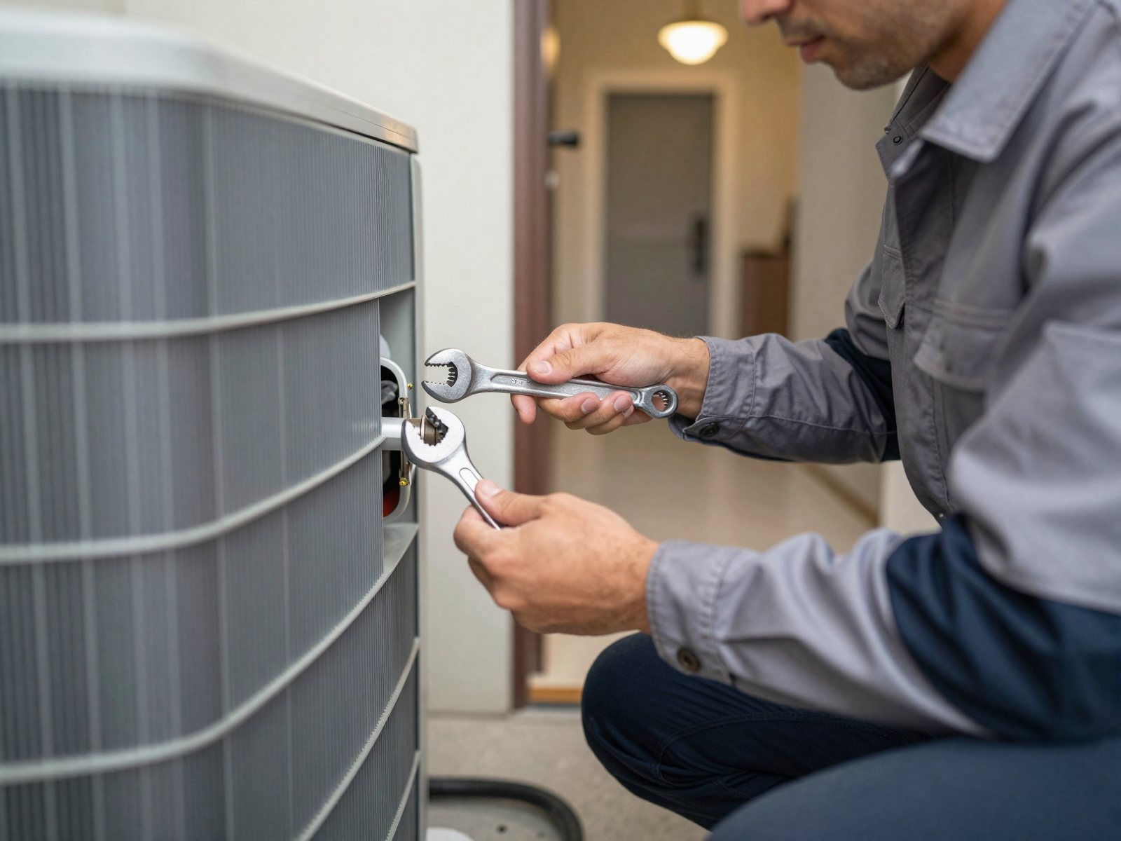 HVAC repair technician performing maintenance