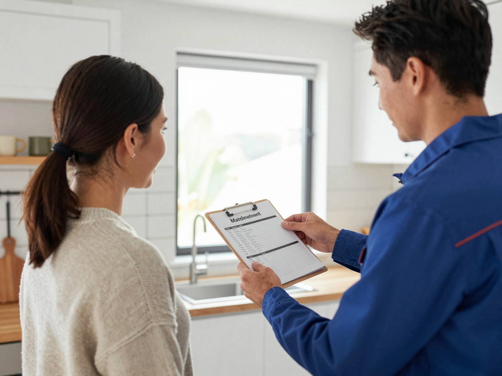 Homeowner consulting with HVAC technician about maintenance